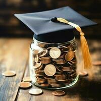 un vaso botella con apilar de monedas dinero y un graduación sombrero en cima. ahorro dinero y educativo éxito concepto por ai generado foto