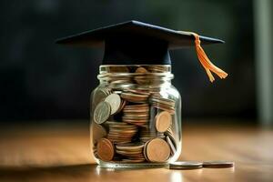 un vaso botella con apilar de monedas dinero y un graduación sombrero en cima. ahorro dinero y educativo éxito concepto por ai generado foto