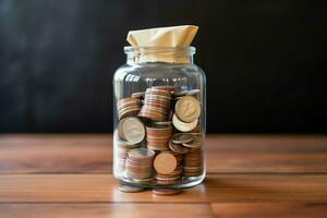 A glass bottle with stack of coins money and a graduation hat on top. Saving money and educational success concept by AI Generated photo