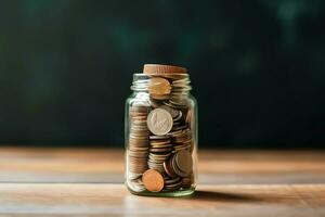 A glass bottle with stack of coins money and a graduation hat on top. Saving money and educational success concept by AI Generated photo