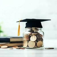 un vaso botella con apilar de monedas dinero y un graduación sombrero en cima. ahorro dinero y educativo éxito concepto por ai generado foto