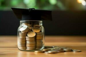 un vaso botella con apilar de monedas dinero y un graduación sombrero en cima. ahorro dinero y educativo éxito concepto por ai generado foto