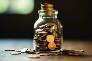 un vaso botella con apilar de monedas dinero y un graduación sombrero en cima. ahorro dinero y educativo éxito concepto por ai generado foto