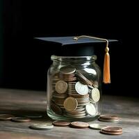 A glass bottle with stack of coins money and a graduation hat on top. Saving money and educational success concept by AI Generated photo