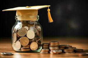 A glass bottle with stack of coins money and a graduation hat on top. Saving money and educational success concept by AI Generated photo