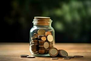 A glass bottle with stack of coins money and a graduation hat on top. Saving money and educational success concept by AI Generated photo