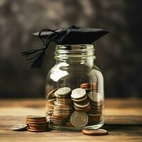 un vaso botella con apilar de monedas dinero y un graduación sombrero en cima. ahorro dinero y educativo éxito concepto por ai generado foto