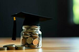 A glass bottle with stack of coins money and a graduation hat on top. Saving money and educational success concept by AI Generated photo