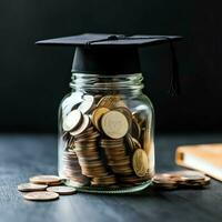 A glass bottle with stack of coins money and a graduation hat on top. Saving money and educational success concept by AI Generated photo