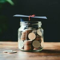 A glass bottle with stack of coins money and a graduation hat on top. Saving money and educational success concept by AI Generated photo