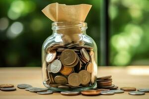 A glass bottle with stack of coins money and a graduation hat on top. Saving money and educational success concept by AI Generated photo