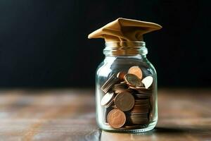 A glass bottle with stack of coins money and a graduation hat on top. Saving money and educational success concept by AI Generated photo