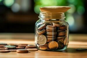 A glass bottle with stack of coins money and a graduation hat on top. Saving money and educational success concept by AI Generated photo