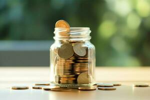 A glass bottle with stack of coins money and a graduation hat on top. Saving money and educational success concept by AI Generated photo