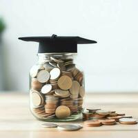 A glass bottle with stack of coins money and a graduation hat on top. Saving money and educational success concept by AI Generated photo