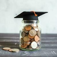 un vaso botella con apilar de monedas dinero y un graduación sombrero en cima. ahorro dinero y educativo éxito concepto por ai generado foto