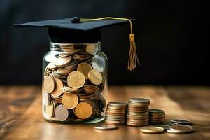 un vaso botella con apilar de monedas dinero y un graduación sombrero en cima. ahorro dinero y educativo éxito concepto por ai generado foto