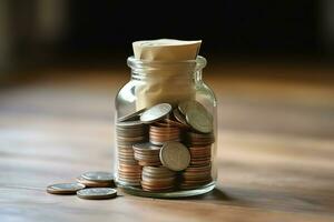 A glass bottle with stack of coins money and a graduation hat on top. Saving money and educational success concept by AI Generated photo