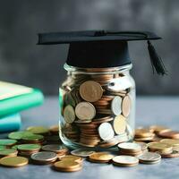 un vaso botella con apilar de monedas dinero y un graduación sombrero en cima. ahorro dinero y educativo éxito concepto por ai generado foto