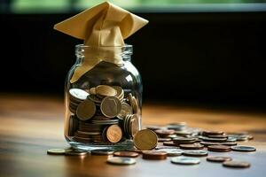 un vaso botella con apilar de monedas dinero y un graduación sombrero en cima. ahorro dinero y educativo éxito concepto por ai generado foto