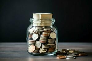 A glass bottle with stack of coins money and a graduation hat on top. Saving money and educational success concept by AI Generated photo