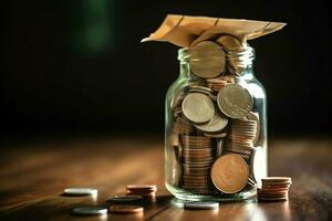 A glass bottle with stack of coins money and a graduation hat on top. Saving money and educational success concept by AI Generated photo