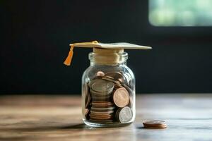 A glass bottle with stack of coins money and a graduation hat on top. Saving money and educational success concept by AI Generated photo