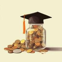 A glass bottle with stack of coins money and a graduation hat on top. Saving money and educational success concept by AI Generated photo