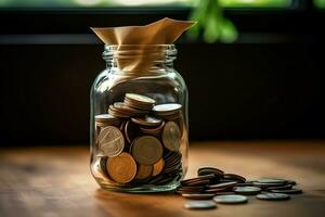 A glass bottle with stack of coins money and a graduation hat on top. Saving money and educational success concept by AI Generated photo