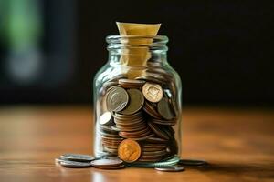 un vaso botella con apilar de monedas dinero y un graduación sombrero en cima. ahorro dinero y educativo éxito concepto por ai generado foto