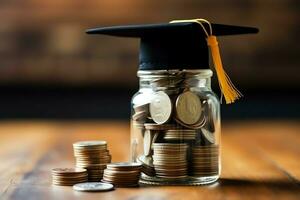 A glass bottle with stack of coins money and a graduation hat on top. Saving money and educational success concept by AI Generated photo