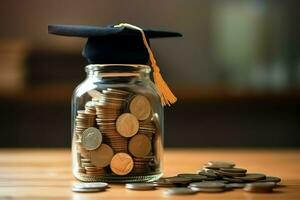 un vaso botella con apilar de monedas dinero y un graduación sombrero en cima. ahorro dinero y educativo éxito concepto por ai generado foto