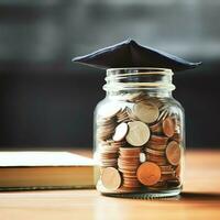 un vaso botella con apilar de monedas dinero y un graduación sombrero en cima. ahorro dinero y educativo éxito concepto por ai generado foto