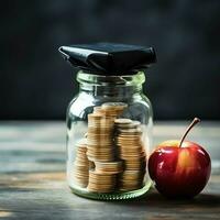 un vaso botella con apilar de monedas dinero y un graduación sombrero en cima. ahorro dinero y educativo éxito concepto por ai generado foto