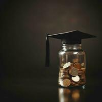 A glass bottle with stack of coins money and a graduation hat on top. Saving money and educational success concept by AI Generated photo