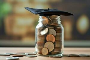 A glass bottle with stack of coins money and a graduation hat on top. Saving money and educational success concept by AI Generated photo