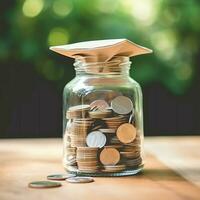 A glass bottle with stack of coins money and a graduation hat on top. Saving money and educational success concept by AI Generated photo