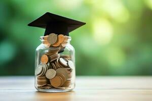 A glass bottle with stack of coins money and a graduation hat on top. Saving money and educational success concept by AI Generated photo