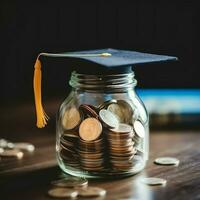 A glass bottle with stack of coins money and a graduation hat on top. Saving money and educational success concept by AI Generated photo