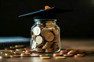 A glass bottle with stack of coins money and a graduation hat on top. Saving money and educational success concept by AI Generated photo