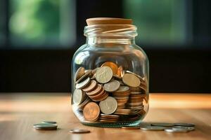 un vaso botella con apilar de monedas dinero y un graduación sombrero en cima. ahorro dinero y educativo éxito concepto por ai generado foto