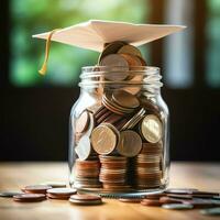 A glass bottle with stack of coins money and a graduation hat on top. Saving money and educational success concept by AI Generated photo