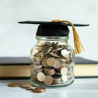 A glass bottle with stack of coins money and a graduation hat on top. Saving money and educational success concept by AI Generated photo