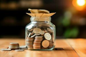A glass bottle with stack of coins money and a graduation hat on top. Saving money and educational success concept by AI Generated photo