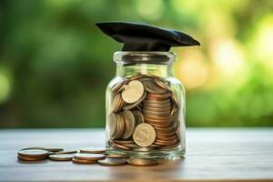 un vaso botella con apilar de monedas dinero y un graduación sombrero en cima. ahorro dinero y educativo éxito concepto por ai generado foto