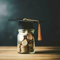 A glass bottle with stack of coins money and a graduation hat on top. Saving money and educational success concept by AI Generated photo