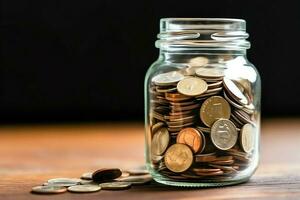 A glass bottle with stack of coins money and a graduation hat on top. Saving money and educational success concept by AI Generated photo