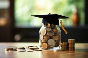 un vaso botella con apilar de monedas dinero y un graduación sombrero en cima. ahorro dinero y educativo éxito concepto por ai generado foto