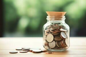 A glass bottle with stack of coins money and a graduation hat on top. Saving money and educational success concept by AI Generated photo