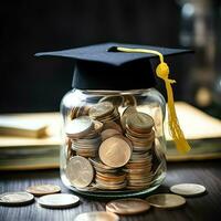 un vaso botella con apilar de monedas dinero y un graduación sombrero en cima. ahorro dinero y educativo éxito concepto por ai generado foto